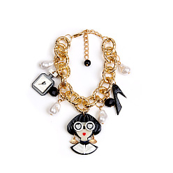 Черный Акриловый флакон женских духов, туфли на высоком каблуке и браслеты из искусственного жемчуга., браслеты из сплава и цепи для женщин, золотые, чёрные, 7.68 дюйм (19.5 см)