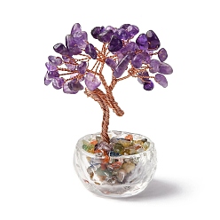 Аметист Натуральные аметистовые чипсы дерево жизни украшения, стеклянная основа с медной проволокой и драгоценными камнями внутри, фен-шуй энергетический камень подарок для домашнего офиса украшение рабочего стола, 40x75 мм