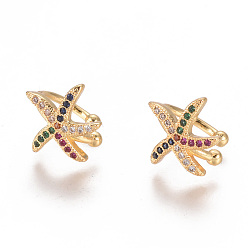 Разноцветный Серьги-манжеты с цирконом из позолоченной латуни, долговечный, морская звезда / морские звезды, красочный, 11.5x13x1.5 мм