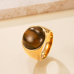 Круглые 304 Кольца из нержавеющей стали и натурального тигрового глаза, золотые, круглые, размер США 8 (18.1 мм)