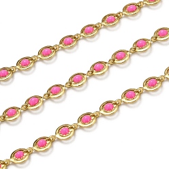 Hot pink Kettenglieder aus Messing, mit Emaille, Spule, langlebig überzogen, ungeschweißte, Flachrund, golden, hot pink, Links: 9x6x1.5 mm