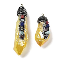 Золотистый Гальванические большие подвески из необработанного натурального кварца с кристаллами, Подвески в виде самородков чакры, окрашенные распылением, с фурнитурой из железных стразов, золотые, 48~66.5x18~19x12~16 мм, отверстие : 2 мм