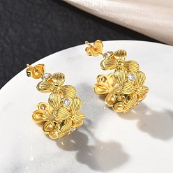 Golden Brass Micro Pave Cubic Zirconia Stud Earrings for Women, Flower, Half Hoop Earrings, Long-Lasting Plated, Rack Plating, Lead Free & Cadmium Free, Golden, 19.5x9mm