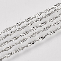 Платина Сингапурские паяные латунные покрытые железом цепи, цепи водных волн, с катушкой, платина, 2x1.2x0.3 мм, около 328.08 футов (100 м) / рулон