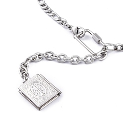 Stainless Steel Color Non-Tarnish 304 Stainless Steel Diffuser Locket Pendant Necklaces, Lariat Necklaces, with Figaro Chains & Cable Chains, Book with Tree of Life, Stainless Steel Color, 21.22 inch(53.9cm)