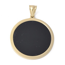 Черный Пластиковые подвески, с 304 фурнитурой из нержавеющей стали, ионное покрытие (ip), плоский круглый шарм, золотые, чёрные, 38x35x2.5 мм, отверстие : 7.5x4 мм