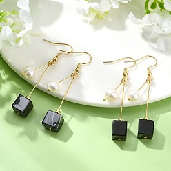 Golden Natural Banded Agate(Dyed & Heated) & 304 Stainless Steel and Natural Cultured Freshwater Pearl Dangle Earrings, Cube, Golden, 53x8.8mm