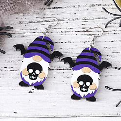 Skull Деревянные серьги на Хэллоуин, с серьгами из нержавеющей стали и крючком, гном, фиолетовые, череп, 65x24~42 мм