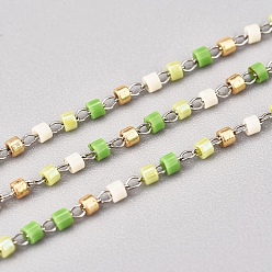 Зеленый газон Цельнозерновые бисерные цепочки, с кабельными цепями из нержавеющей стали, несварные, с катушкой, цвет нержавеющей стали, зеленый газон, 1~2x0.9~1.5 мм, около 26.24 футов (8 м) / рулон