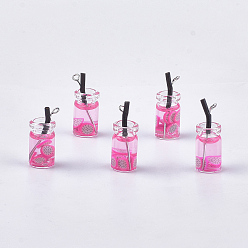 Hot Pink Glass Bottle Pendants, with Resin, Plastic and Iron Findings, Fruit Tea Charms, Platinum, Hot Pink, 25~28x10mm, Hole: 1.8mm