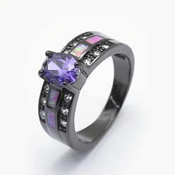 Черный Цвет Металла Кубические кольца из циркония, с синтетическим опалом и медными находками, долговечный, овальные, Размер 7, розовато-лиловый, металлический черный , 17.5 мм