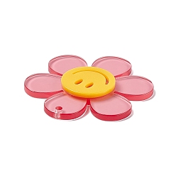 Pink Transparent Acrylic Big Pendants, Sunflower with Smiling Face Charm, Pink, 55x50.5x6mm, Hole: 2.5mm