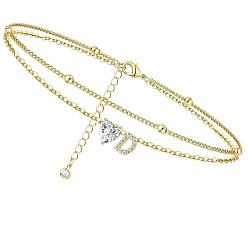 Letter D Двухслойные браслеты на ногу с подвесками в виде сердца и буквы из латуни и кристаллов горного хрусталя, золотые, Буква D, 8-5/8 дюйм (220 мм)