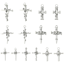 Antique Silver 70Pcs 7 Styles Tibetan Style Alloy Pendants, Cross, Antique Silver, 25~38x13~23.5x2~4.5mm, Hole: 1.5~2.5mm, 10pcs/style