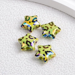 Желто-Зеленый Покрытие непрозрачными радужными переливающимися акриловыми бусинами, звезда в леопардовой шкуре, желто-зеленый, 15.5x15.5x7.5 мм, отверстие : 3.4 мм