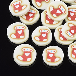 Red Christmas Theme Handmade Polymer Clay Cabochons, Flat Round with Christmas stocking, Red, 9~11x2mm, about 4165pcs/1000g