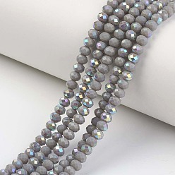 Gray Electroplate Opaque Solid Color Glass Beads Strands, Half Rainbow Plated, Faceted, Rondelle, Gray, 8x6mm, Hole: 1mm, about 65~68pcs/strand, 15.7~16.1 inch(40~41cm)