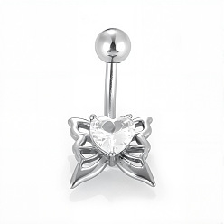 Бабочка 316l Изогнутые кольца для живота из хирургической нержавеющей стали с прозрачным кубическим цирконием, цвет нержавеющей стали, бабочка, длина стержня: 3/8"(10мм), штифты : 1.6 мм