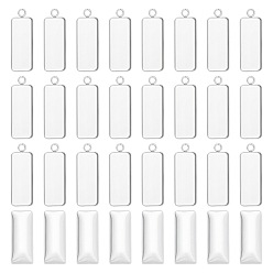 Нержавеющая Сталь Цвет 30шт 304 подвеска из нержавеющей стали с кабошоном, чашки безель с краями, прямоугольные, с 30 стеклянными кабошонами, цвет нержавеющей стали, лоток : 10x25 мм, 30x11x2 мм, отверстие : 2.4 мм