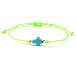 Зеленый газон Браслеты из окрашенных синтетических бирюзовых бусин зеленого цвета и латунных бусин, сплетенные из бусин., украшения из полиэстеровой нити, плетеные для женщин, крестик, зеленый газон