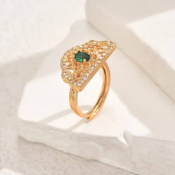 Зеленый Полые геометрические латунные микропаве регулируемые кольца для женщин, полукруглый, золотые, зелёные, 23x14 мм, внутренний диаметр: регулируемый