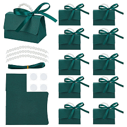 Темно-Зеленый Складные бумажные свадебные конфетницы с пластиковой ручкой, украшенной круглыми бусинами с имитацией жемчуга, и лентой, форма сумочки, темно-зеленый, готовое изделие: 9.8x5.5x6.3~10.8 см