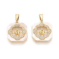 Настоящее золото 18K Латунный микро-паве кубический кубик циркония жемчужина, восьмиугольник, с оболочкой, за половину пробурено бисера, реальный 18 k позолоченный, 18x16x3 мм, отверстие : 6.5~7x2 мм, штифты : 0.8 мм