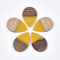 Gold Resin & Walnut Wood Pendants, Teardrop, Gold, 49x32x4mm, Hole: 1.8mm