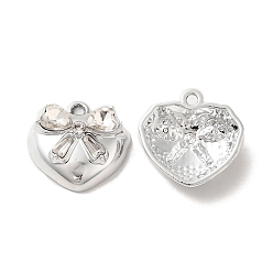Platinum Clear Glass Pendants, Rack Plating Alloy Findings, Nickel Free, Heart with Bowknot Charms, Platinum, 16.5x17x6mm, Hole: 1.6mm