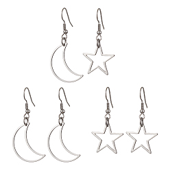 Antique Silver 3 Pairs 3 Style Alloy Dangle Earrings Set, Asymmetrical Earrings, Hollow Star & Moon, Antique Silver, 49x18mm, 1 Pair/style