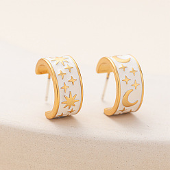 Белый Серьги-гвоздики с эмалевыми лунами и звездами, серьги-кольца из позолоченной латуни с 925 булавками из стерлингового серебра для женщин, белые, 14x8 мм