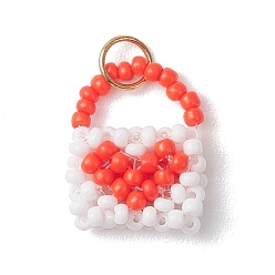 Красный Подвески для сумочек из стеклянного бисера, с 304 нержавеющей стали, золотые, красные, 17.5x14.5x4.5 мм, Перейти кольцо: 4x0.5 мм, внутренний диаметр: 3.5 мм