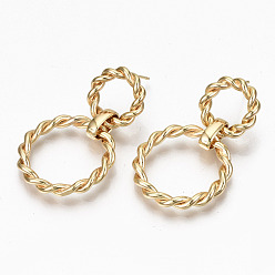 Real 18K Gold Plated Brass Dangle Stud Earring, Twist Ring, Nickel Free, Real 18K Gold Plated, 44x26.5mm, Pin: 0.7mm