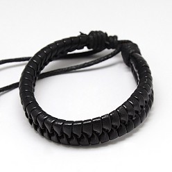 Black Trendy Unisex Casual Style Imitation Leather and Leather Bracelets, with Waxed Cord, Black, 58mm