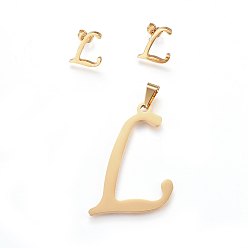 Letter L 304 стали подвески и серьги-гвоздики комплекты ювелирных изделий из нержавеющей, алфавит, letter.l, 46x33x1.7 мм, отверстия: 9x4.5 mm, 16x13x1.5 mm, штифты : 0.8 мм