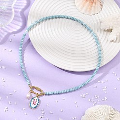 Cangrejo 304 Collares de acero inoxidable con colgante de cuentas de vidrio teñido en forma de rondel para mujer, dorado, el cielo azul, cangrejo, 16.34 pulgada (41.5 cm), colgante: 23.5x14 mm