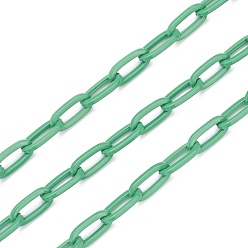 Sea Green Eco-friendly Spray Painted Handmade Brass Paperclip Chains, Flat Oval, Soldered, with Spool, Sea Green, 12.5x6.5x1.5mm, 32.8 feet(10m)/roll