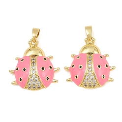 Hot Pink Brass Micro Pave Cubic Zirconia Pendants, with Enamel, Ladybird Charms, Real 18K Gold Plated, Hot Pink, 20.5x19.5x5mm, Hole: 4.5x2.5mm