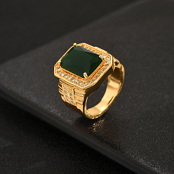 Green 201 Stainless Steel Micro Pave Cubic Zirconia Finger Rings for Men, Square, Golden, Green, 23x20mm, Inner Diameter: 18~20mm