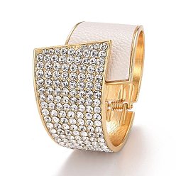 White Crystal Rhinestone Chunky Wrap Wide Cuff Bangle, Hinged Open Bangle with PU Leather for Women, Light Gold, White, Inner Diameter: 2-1/8x2-1/4 inch(5.3x5.6cm)