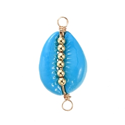 Deep Sky Blue Spray Paint Cowrie Shell Links, with Golden Plated Copper Wire and Brass Beads, Deep Sky Blue, 29~32x13~14x7~9mm, Hole: 2.3~3mm