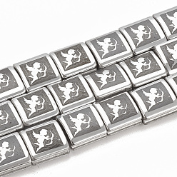 с Платиновым Покрытием Гальванизировать немагнитных синтетический гематит бисер пряди, квадрат с купидоном / херувимом, с покрытием платиным, 7x7x4 мм, отверстие : 1.5 мм, около 57 шт / нитка, 15.7 дюйм