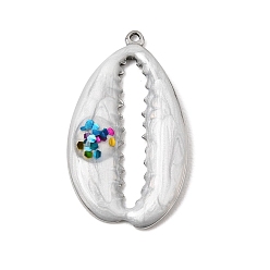 White 304 Stainless Steel with Enamel Pendants, with Sequins/ Paillettes Chips, Cowrie Shell Shape Charms, Stainless Steel Color, White, 27x15.5x3mm, Hole: 1mm