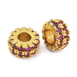 Темно-Розовый Реечное покрытие латунь микро паве кубический цирконий распорные бусины, долговечный, без свинца и без кадмия, рондель, волнистый край, реальный 18 k позолоченный, темно-розовыми, 6x3 мм, отверстие : 2 мм