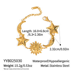Настоящее золото 18K 304 Браслеты из нержавеющей стали со звездами, солнцем и луной для женщин, реальный 18 k позолоченный, 6-1/4 дюйм (16 см)