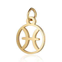 Pisces 201 Stainless Steel Charms, with Jump Rings, Polished, Flat Round with Constellation, Golden, Pisces, 13x11x1mm, Hole: 2.5mm