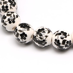 Black Handmade Flower Printed Porcelain Ceramic Beads Strands, Round, Black, 8mm, Hole: 2mm, about 42pcs/strand, 13 inch