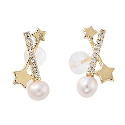 Real 14K Gold Plated Natural Pearl Star Stud Earrings, Brass Micro Pave Cubic Zirconia Earrings with 925 Sterling Silver Pins, Real 14K Gold Plated, 18x8.5mm