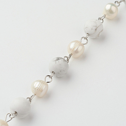 Howlite Handmade Chains for Necklaces Bracelets Making, with Howlite, Freshwater Pearl Beads and 304 Stainless Steel Eye Pin, Unwelded, 39.37 inch(1m)