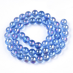 Royal Blue Electroplate Transparent Glass Beads Strands, AB Color Plated, Round, Royal Blue, 8~8.5mm, Hole: 1.5mm, about 51~53pcs/strand, 14.96 inch~15.55 inch(38~39.7cm)